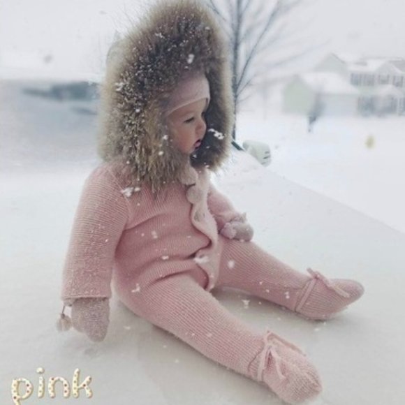 Other - Baby Big Fur Collar Warm Hoodie Romper - Pink